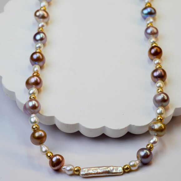 Natural Metallic Purple Pearl Necklace 19" Gold Plated - Picture 4 of 7